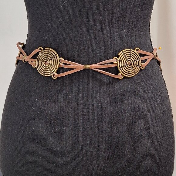 Boho Brass Spiral Medallion Leather Belt 46” Adjustable Festival Artsy Statement - Picture 3 of 7
